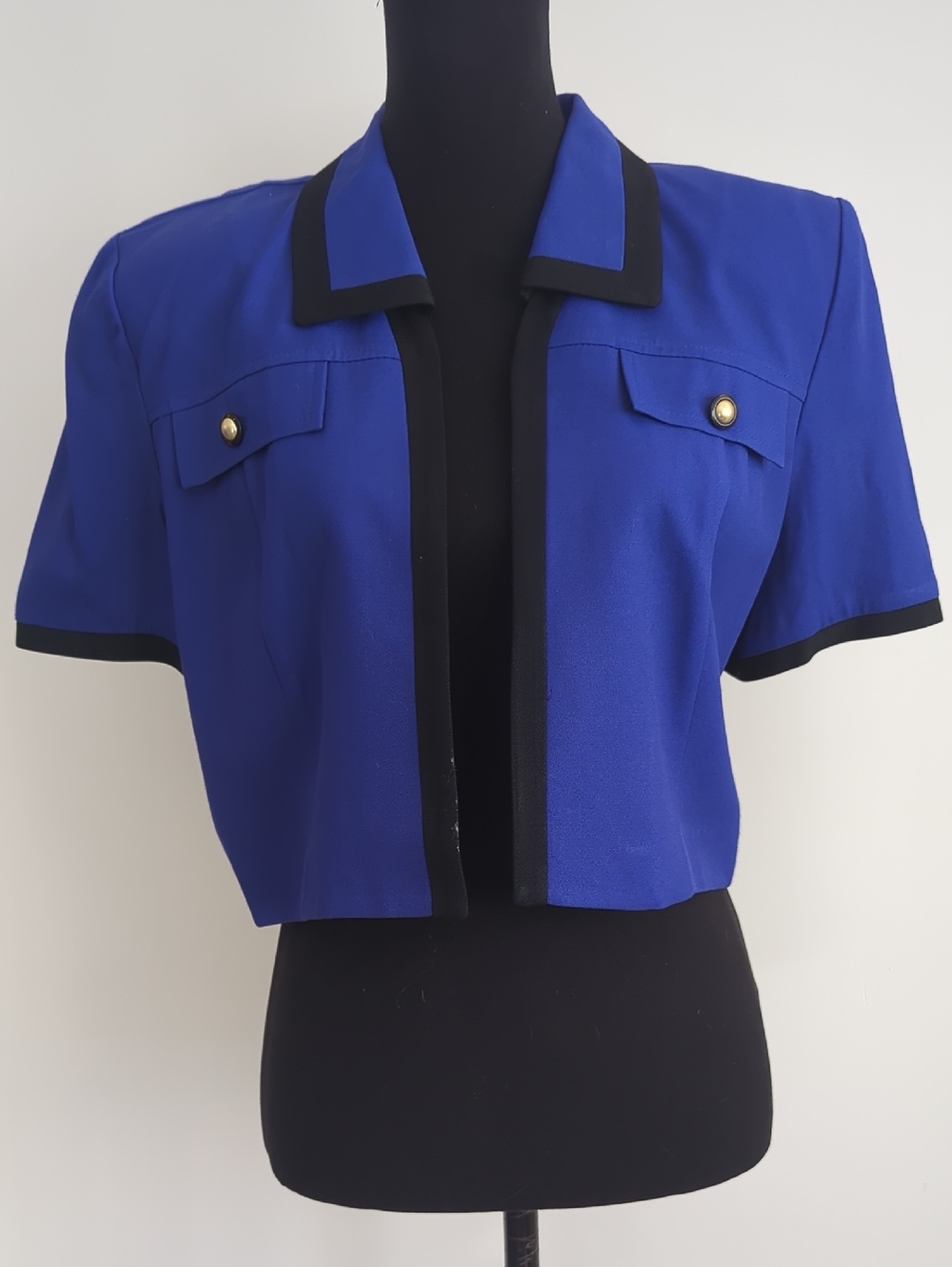 Julian Taylor Royal Blue Cropped Short Sleeve Contrast Trim Blazer Jacket SIZE12